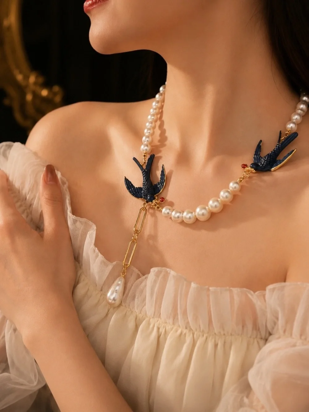 Vintage Pearl Necklace with Navy Bird Accents
